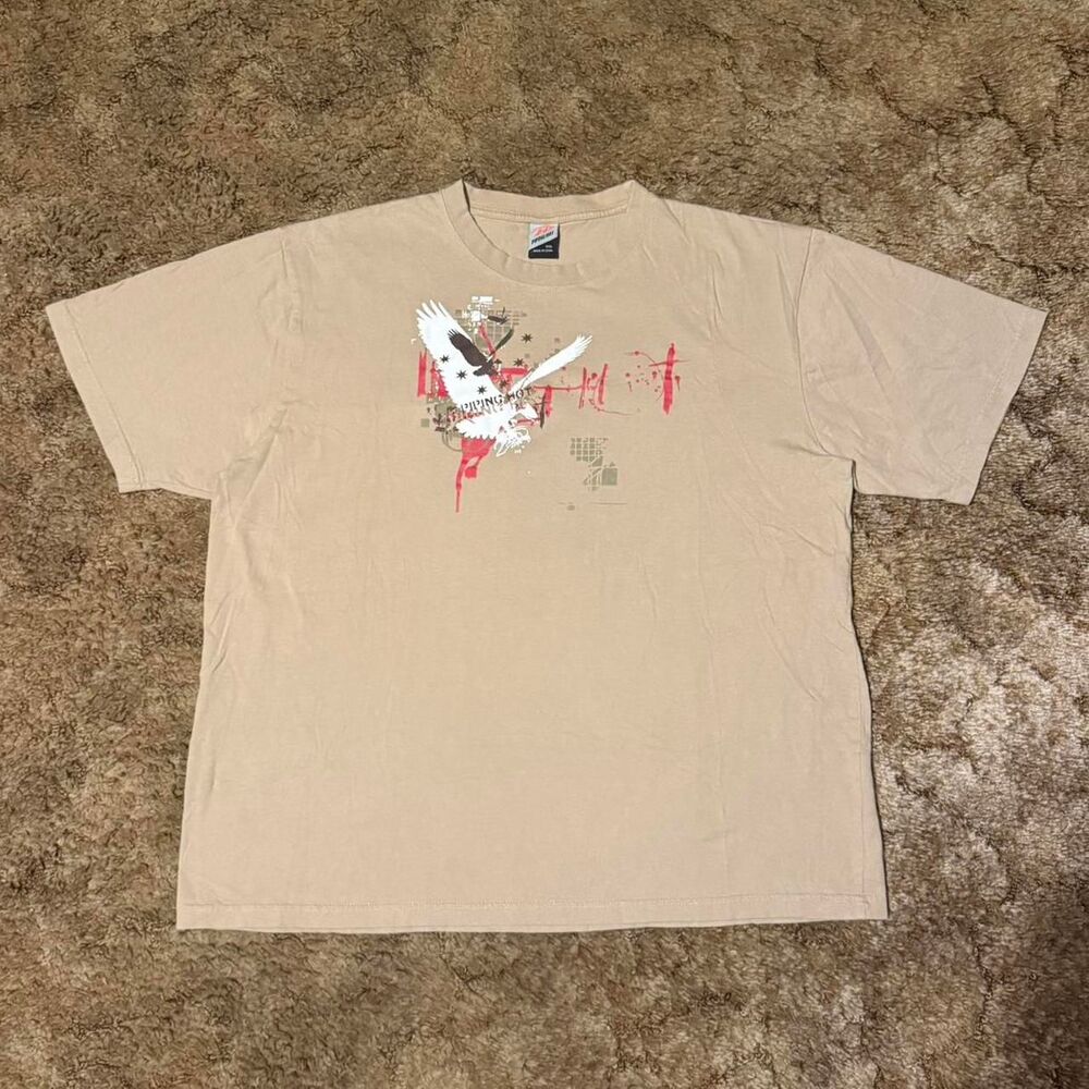 Y2K Piping Hot Eagle Graphic Tee Tan Red Paint Splatter Grunge Streetwear XXL